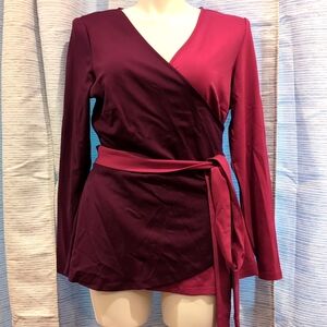 Eloquii Two-Tone Wrap Top in Burgundy and Wine